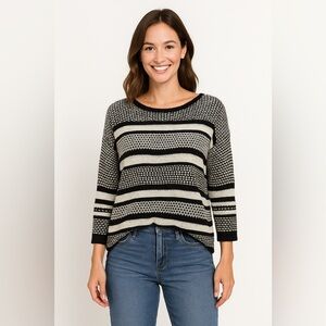 J Jill Black White Stripe Linen Blend Knit Long Sleeve Crew Sweater Sz S
